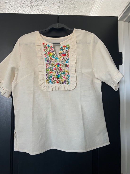 Tops - Cream Embroidered Ruffle Bib Top - womens